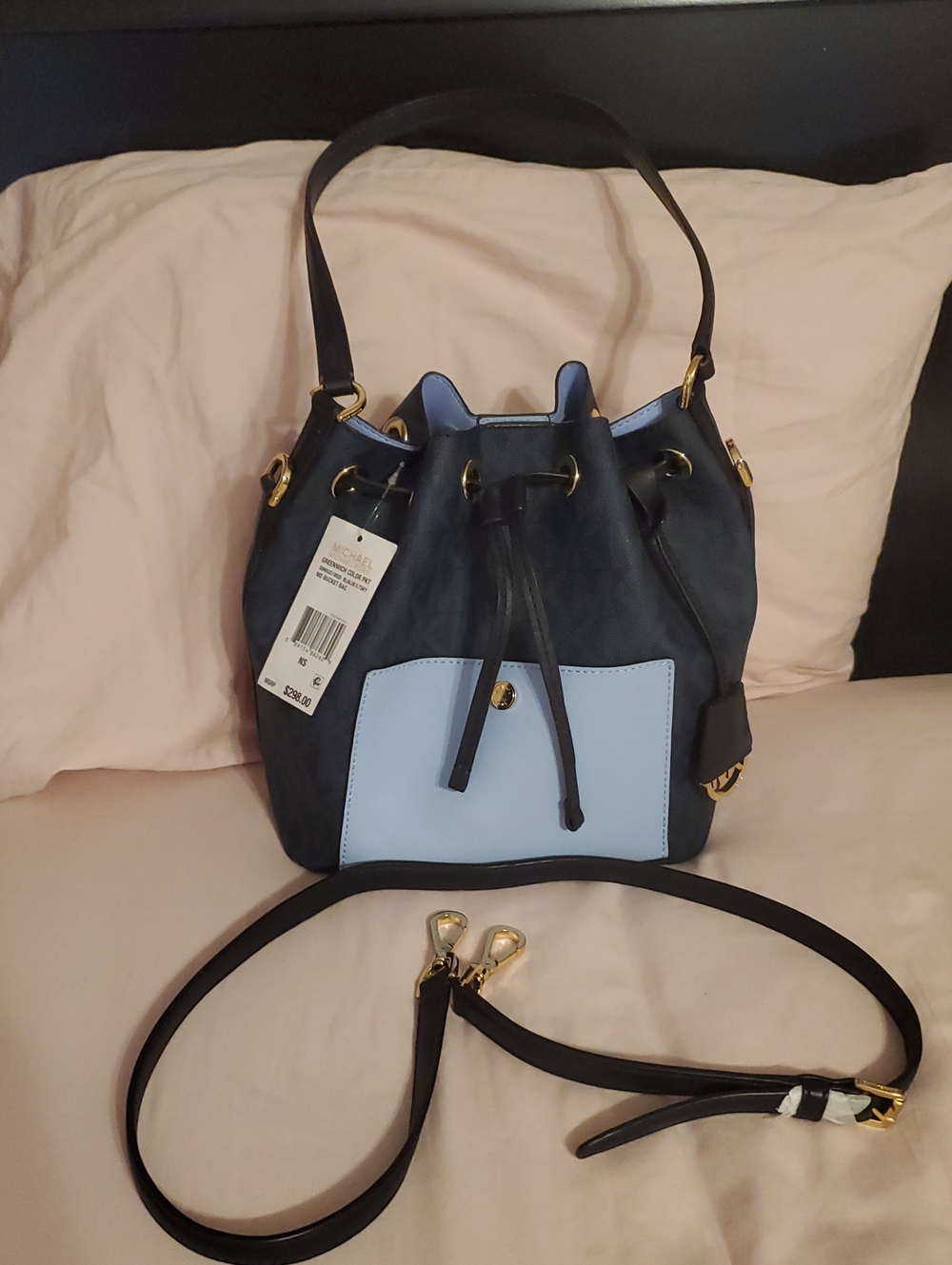 Women’s Navy and Light Blue Drawstring Bucket Bag
